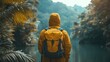 © kvladimirv - Traveler in Yellow Raincoat Exploring Misty Jungle beside Tranquil Lake