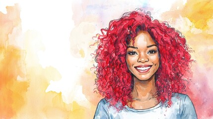 Teen Black Woman with Red Curly Hair watercolor illustration.