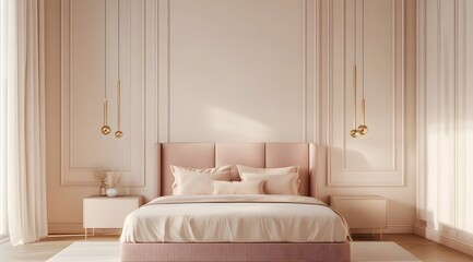 A luxurious bedroom with soft peach tones, featuring an elegant bed and two nightstands on either side of the frame. The room is decorated with light beige walls