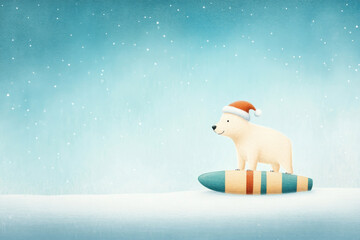 Polar bear with a Santa hat standing on a sled in the snow.