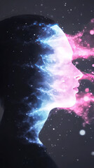 Poster - Silhouette of a woman's face with glowing blue and pink nebulae.