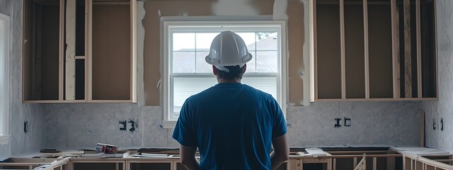 A construction worker wearing a blue shirt and white hard hat is standing in the middle of an unfinished kitchen with windows on one side