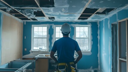 A construction worker wearing a blue shirt and white hard hat is standing in the middle of an unfinished kitchen with windows on one side