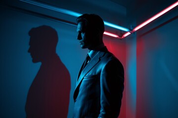 Man in Suit with Shadow in Neon Light: A stylishly-dressed man stands in a room bathed in vibrant neon light, creating a striking silhouette that evokes a sense of mystery and intrigue.