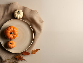 Flat lay composition of autumn harvest pottery and copy space. Rustic stoneware with fall decor. Neutral plate on neutral background with pumpkins and herbs. Wabi sabi potteryn. Food blog concept