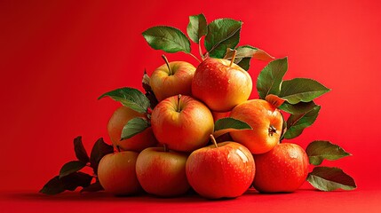 Poster -   Red apples stacked on a red table, beside a green leafy branch