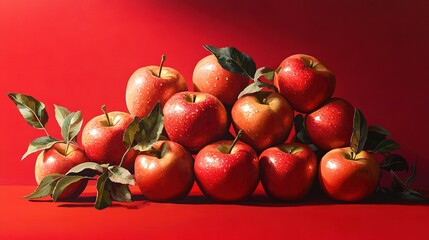 Poster -   A stack of red apples atop a red table beside a red wall