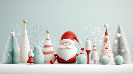 Santa Claus figurines and Christmas ornaments , whimsical illustration art style