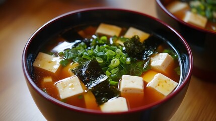 A bowl of miso soup with tofu cubes, green onions, and seaweed