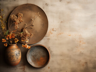 Flat lay composition of autumn harvest pottery and copy space. Rustic stoneware with fall decor. Neutral plate on neutral background with pumpkins and herbs. Wabi sabi potteryn. Food blog concept