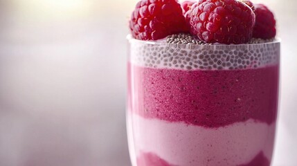 Wall Mural -   A close-up of a dessert in a glass with raspberries on top