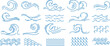 © Frogella.stock - Line water wave. Simple sea linear icons, ocean storm wave and splashes abstract doodle symbols. Wavy blue river stream, surf logo elements, marine nautical vector isolated signs.