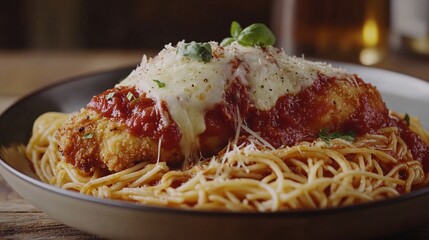 Crispy chicken parmesan over spaghetti with marinara sauce and melted mozzarella