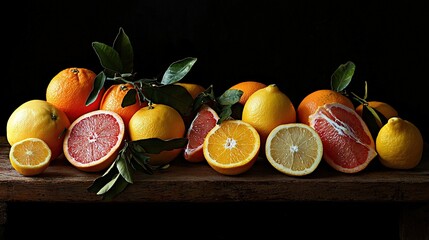 Canvas Print -   A row of grapefruits, oranges, and lemons arranged on a wooden table