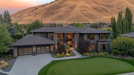 Experience a stunning mountain home in Montana, featuring expansive windows, elegant design, and breathtaking views of the golf course at sunset