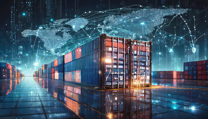 A digital logistics hub showcasing shipping containers illuminated by data connections on a global map at night