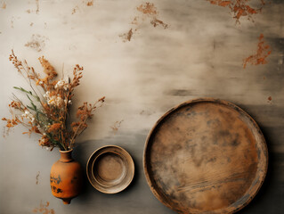 Flat lay composition of autumn harvest pottery and copy space. Rustic stoneware with fall decor. Neutral plate on neutral background with pumpkins and herbs. Wabi sabi potteryn. Food blog concept