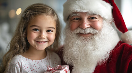 girl in hospital sitting on bed and meet Santa Claus. Christmas time.