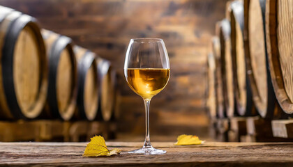 Golden wine glass resting on a wooden table with oak barrels in a cozy cellar surrounded by autumn leaves