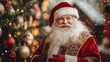 © Vitalii Shkurko - Cheerful Santa Claus smiling in a snowy setting near a decorated Christmas tree during the festive season