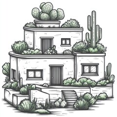 A hand-drawn illustration of a white, two-story, desert home with a cactus and other plants around it.