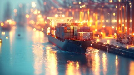 A large cargo ship with colorful containers sails through a harbor at night.