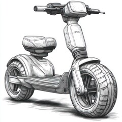 Sketch of a modern electric scooter with a large seat and thick tires.