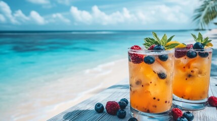 Two glasses of refreshing summer cocktails with berries and mint on a wooden table overlooking a tropical beach.