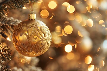 Wall Mural - the golden christmas ornament creates a festive and magical atmosphere, spreading cheer and celebrat