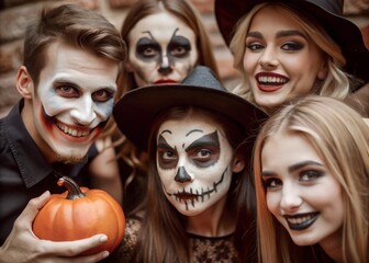 Happy adult friends in spooky costumes posing for funny group photo. Cheerful young people dressed as crazy witch, devil, vampire, dead bride having fun together at Halloween party