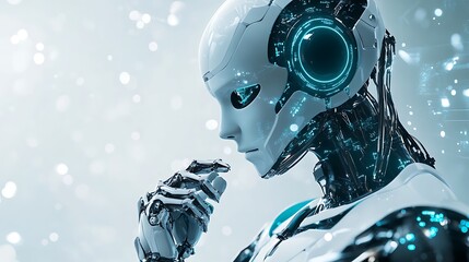 Futuristic android robot thinking or meditating on white background with light particles.