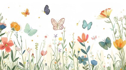 Poster - Butterflies flutter around a lush meadow adorned with various colorful flowers, creating a lively and serene atmosphere in springtime. Generative AI