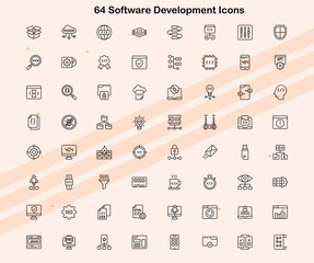 Icons representing various aspects of software development and coding.