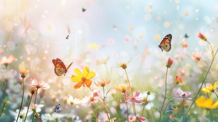 Poster - In a vibrant meadow, butterflies dance among blooming flowers, creating a lively atmosphere under the bright spring sunlight. Generative AI