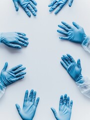 Poster - Multiple hands with sterile medical gloves are positioned around a clean white surface, emphasizing hygiene and safety in healthcare. Generative AI