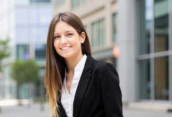 smiling businesswoman standing in the city