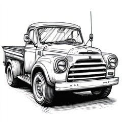 A detailed black and white sketch of a classic pickup truck.