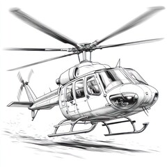 A detailed line drawing of a helicopter taking off, with a blur of motion depicted in the background.