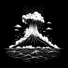 A black and white illustration of a volcano erupting on a dark background with waves and clouds surrounding the volcano.