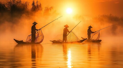 Wall Mural -  Group of people on small boats on foggy water with trees in the backdrop