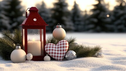 Sticker - A charming festive lantern shines next to decorative ornaments and a heart in a snowy setting, highlighting the beauty of winter during dusk