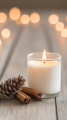 The flickering candlelight illuminates cinnamon sticks and a pinecone, adding a touch of warmth and coziness to the tranquil ambiance of the evening.