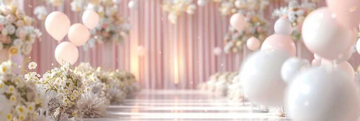 Canvas Print - Delicate white and pastel balloons adorn the wedding ceremony venue, enhancing the romantic and festive ambiance with floral accents. Generative AI