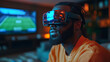© David - Hyper-realistic rendering of a gamer using augmented reality glasses to play a sports game, with a holographic soccer field projected into his living room.