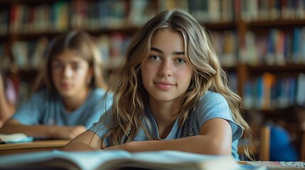 Smiling pupils read books in a library