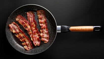 Sizzling bacon on a frying pan; top view; food photography