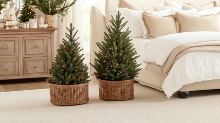 Sticker - Two small, lit Christmas trees in woven baskets brighten a cozy bedroom with soft bedding and neutral furnishings, creating a festive winter atmosphere