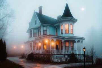 A spooky haunted mansion at dusk, surrounded by thick fog and with a full moon illuminating the sky above