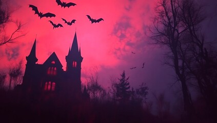 A spooky castle silhouette under a dramatic pink and purple sky with bats.