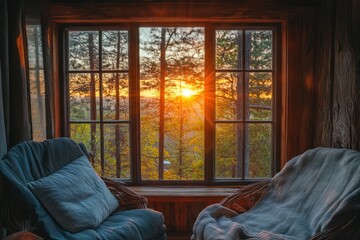 Two comfy chairs facing a large window with a beautiful sunset over a forest.